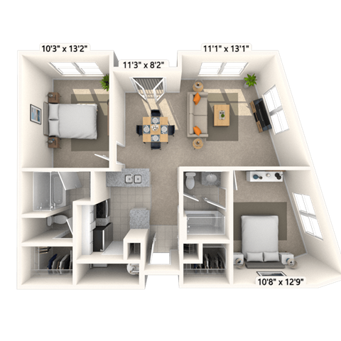 Floor plan for 2 beds, 2 baths, 1024 sqft